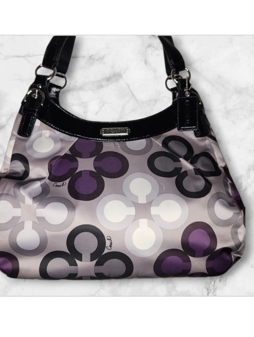 Coach Soho Optic Print Large Signature Logo Hobo bag, Purple/Blk Design